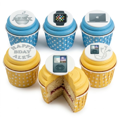 Cupcakes with blue and yellow frosting, topped with edible Apple logo, Apple Watch, MacBook, and iPod designs.