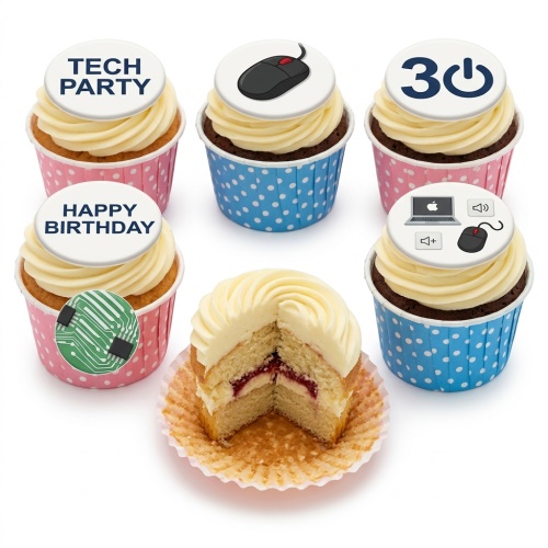 Cupcakes with technology themed toppers including a computer mouse, circuit board, laptop, and a custom age power button design.