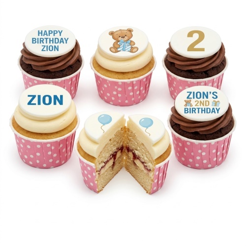 Teddy bear and balloon themed birthday cupcakes with custom age and name toppers