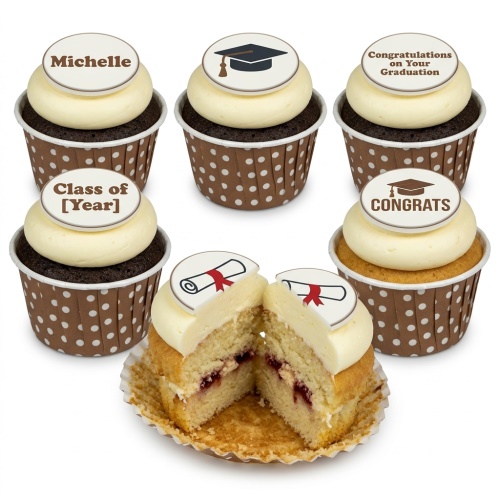 Set of graduation cupcakes with white frosting, brown polka dot cases, and edible toppers featuring graduation caps, diplomas, and custom messages.