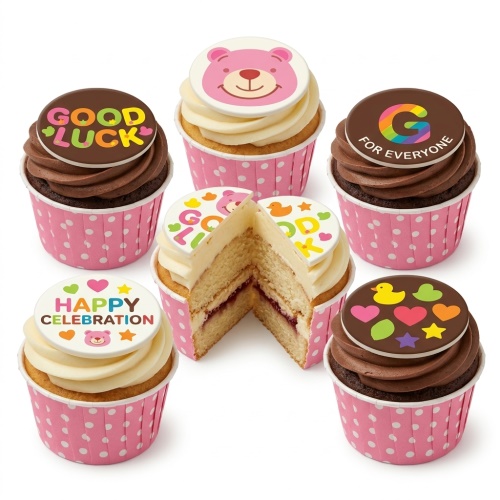 Assortment of colourful celebration cupcakes with good luck, happy celebration, bear, duck, heart, and star toppers.