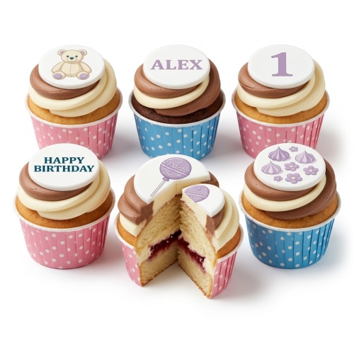 Kids birthday cupcakes with teddy bear, lollipop, and meringues, featuring custom age and name toppers.
