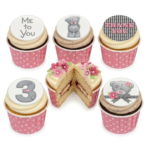 Me to You Tatty Teddy cupcakes with custom age topper, 'Me to You' and 'Thank You' messages, and pink sugar flowers.