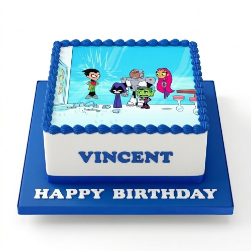 Square white cake with blue piping and an edible image of Teen Titans Go characters, with space for custom name and message.