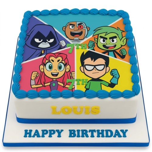 Square Teen Titans Go! birthday cake with characters, blue border, and custom message.