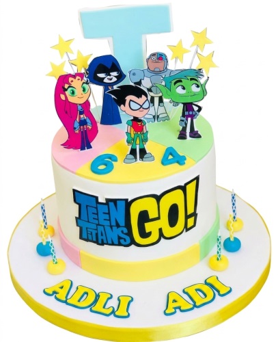 Round white birthday cake with Teen Titans Go! characters, stars, and custom age numbers.
