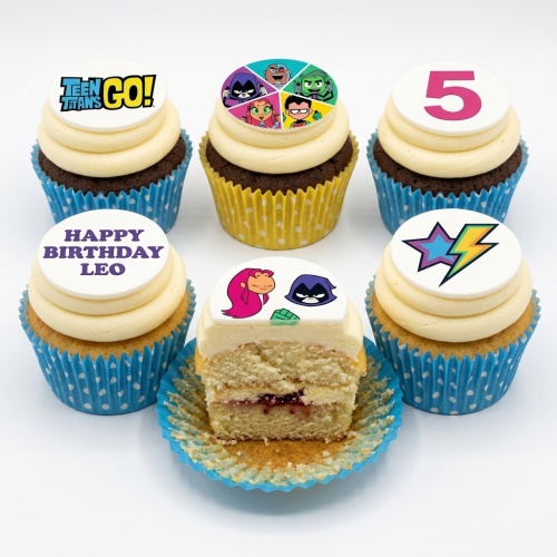 Set of Teen Titans Go! themed cupcakes with various characters, logo, lightning bolt, and a custom age topper.