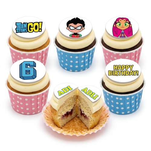 Teen Titans Go! themed birthday cupcakes with Robin, Starfire, logo, custom age, and personalised name toppers.