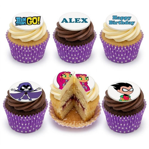 Six Teen Titans Go! themed cupcakes with white and chocolate frosting, purple polka dot wrappers, and edible character toppers including Robin, Starfire, and Raven, plus a logo and example personalised messages.