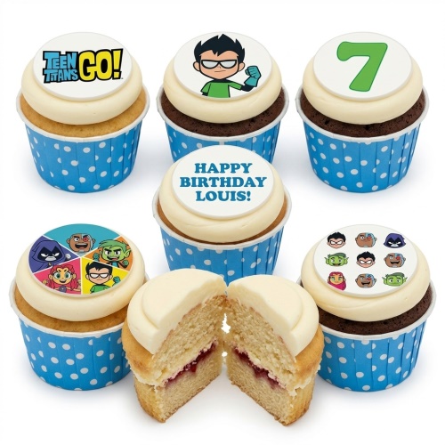 Teen Titans Go! themed cupcakes with character toppers, custom age topper, and personalised message