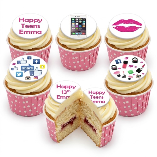 Set of six cupcakes with pink polka dot cases and cream frosting, topped with edible social media, smartphone, makeup, and lips designs, with custom age message example.