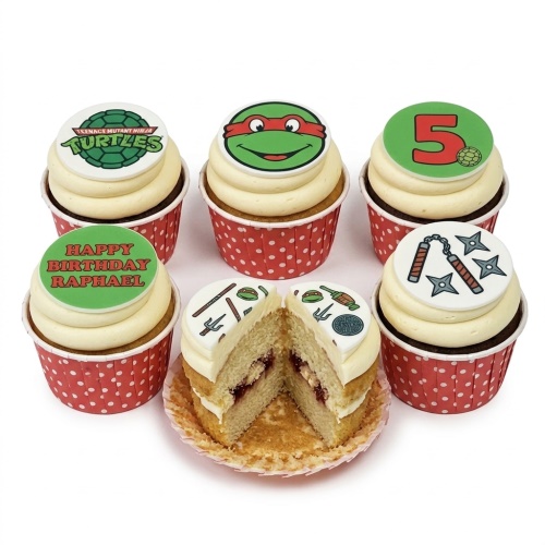 Teenage Mutant Ninja Turtles themed birthday cupcakes with character faces, logo, ninja weapons, and custom age topper.