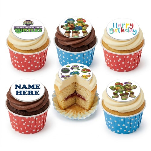 Six Teenage Mutant Ninja Turtles themed cupcakes with character and logo toppers, some with red and blue polka dot cases.