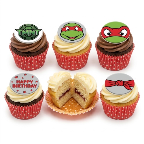 Teenage Mutant Ninja Turtles themed cupcakes with character faces, logo, and a 'Happy Birthday' message.