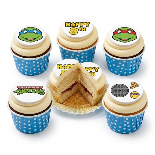 Teenage Mutant Ninja Turtles themed cupcakes with character toppers, logo, pizza, and manhole designs.
