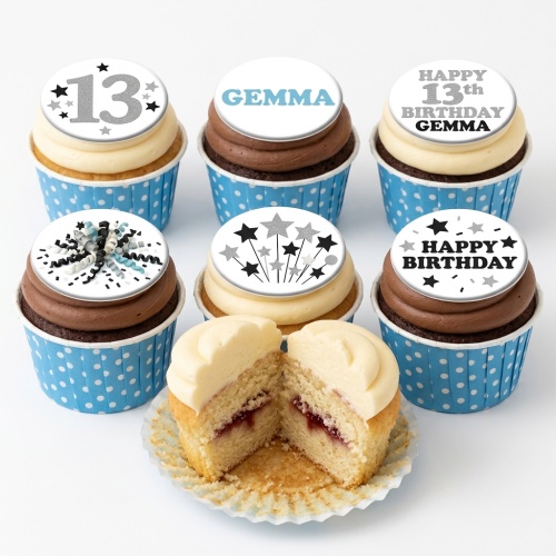 Vanilla and chocolate cupcakes with star and confetti toppers, showing custom age and name examples.