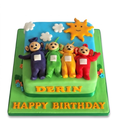 Two-tiered Teletubbies birthday cake with Tinky Winky, Dipsy, Laa-Laa, Po, sun, and clouds.