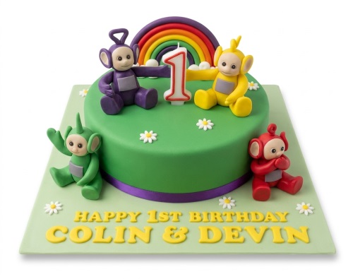 Round green Teletubbies birthday cake with rainbow, daisy flowers, and a custom age candle.
