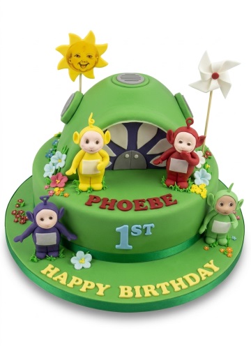 Two-tier green Teletubbies 1st birthday cake with characters and Baby Sun topper.