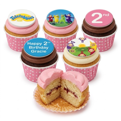 Teletubbies themed cupcakes with various character toppers and custom age/name examples in pink polka dot cases.