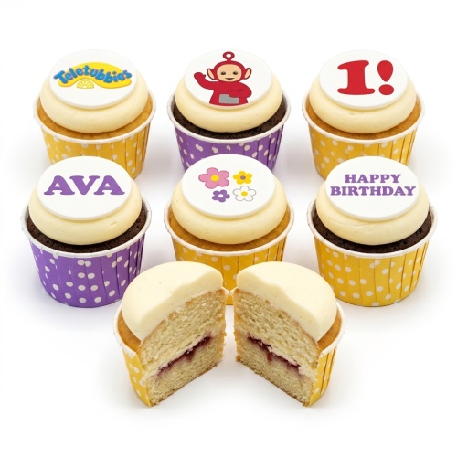 Set of Teletubbies themed birthday cupcakes with custom toppers including characters, flowers, and a number 1.