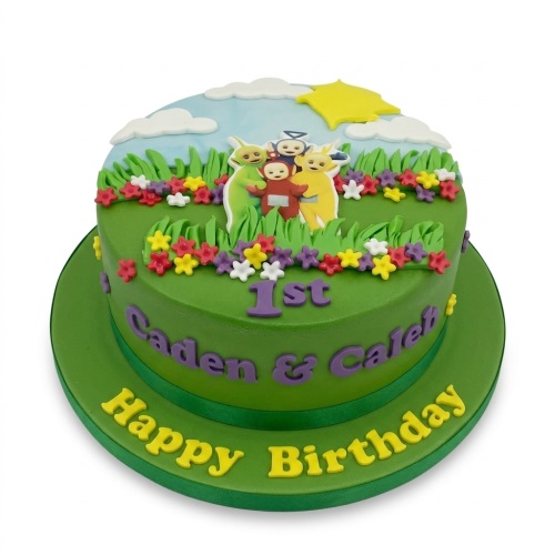 Round green Teletubbies birthday cake with characters, colourful flowers, clouds, sun, and a customisable message.