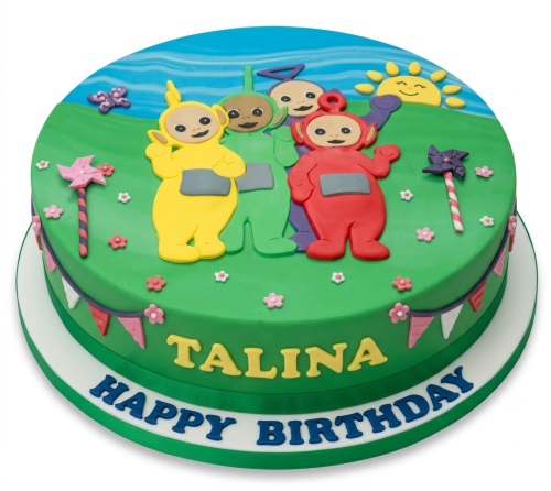 Round green Teletubbies birthday cake with Tinky Winky, Dipsy, Laa-Laa, Po, sun, butterfly, flowers, pinwheels, and bunting.