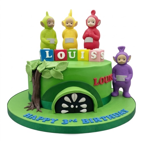 Green Teletubbies birthday cake with four character figures, a tree, and custom name blocks.