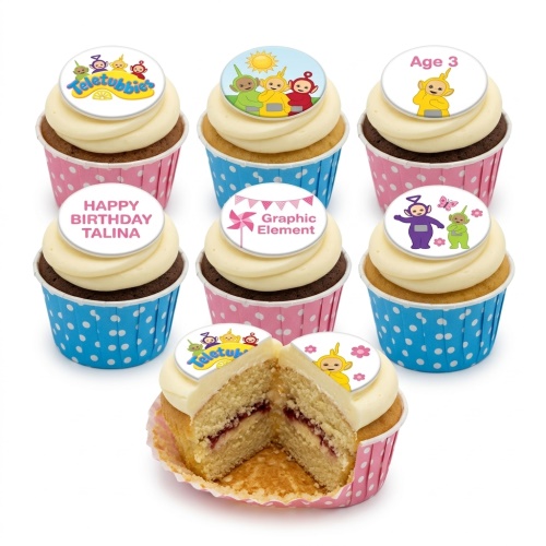 Teletubbies themed birthday cupcakes with character toppers, custom age, and personalised name. Pink and blue polka dot cases.