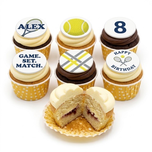 Tennis themed cupcakes with rackets, balls, 'Game Set Match', 'Happy Birthday' and custom age topper.