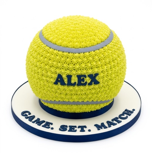 Bright yellow 3D tennis ball cake with a grey stripe, featuring a personalised name and a 'Game. Set. Match.' message on the board.