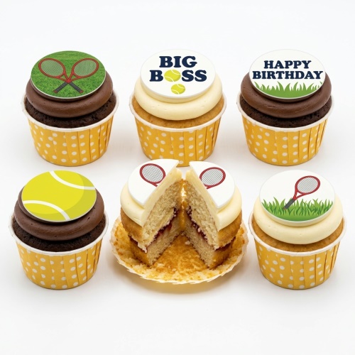 Cupcakes with tennis rackets, tennis balls, and 'BIG BOSS', 'HAPPY BIRTHDAY' edible toppers.