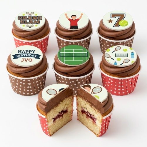 Cupcakes with brown frosting and tennis-themed edible toppers, including a court, rackets, player, and custom age.
