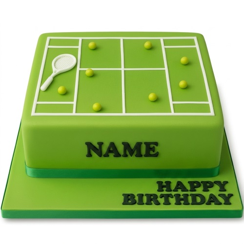 Green tennis court birthday cake with white racket, yellow balls, and personalised name.