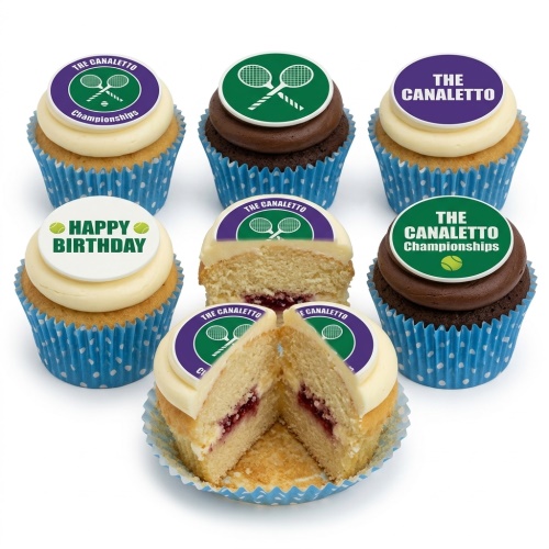 Assorted tennis theme birthday cupcakes with green, purple, and white edible toppers featuring rackets and a tennis ball.
