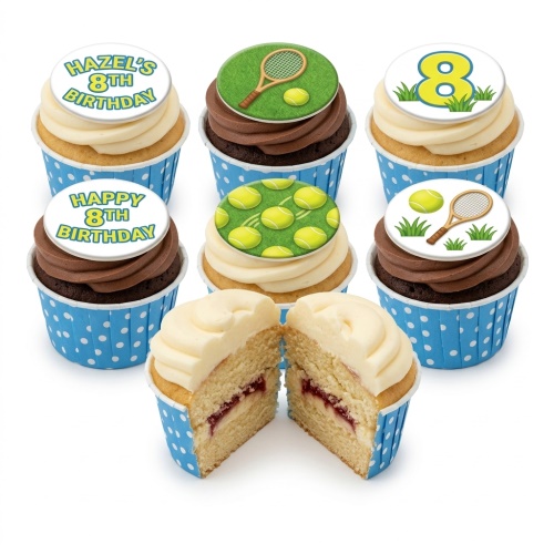 Tennis themed birthday cupcakes with rackets, balls, and custom age toppers on vanilla and chocolate sponges.