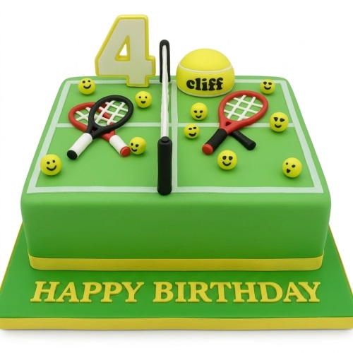 Green tennis court cake with rackets, balls, net, and custom age topper.