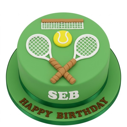 Round green tennis themed birthday cake with white rackets, yellow ball, and net, with a personalised name and 'Happy Birthday' message.