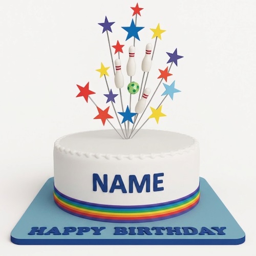 White round birthday cake with bowling pins, a green ball, colourful stars, a rainbow stripe, and a custom name.