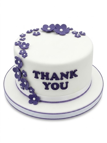White round cake with purple fondant flowers and "Thank You" message.