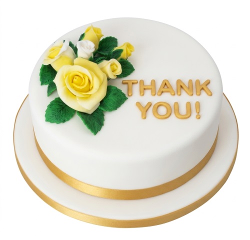 White round cake with yellow and white sugar roses, green leaves, gold ribbon, and gold 'THANK YOU!' text.