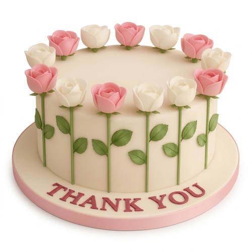 Round cream cake with pink and white sugar roses, green stems, and a custom message area.