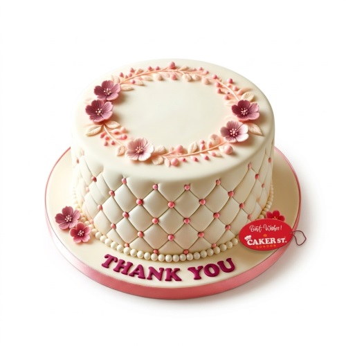 Round cream cake with pink quilted pattern, white pearls, and pink sugar flowers on top and side. Pink ribbon on the base with a custom message example.