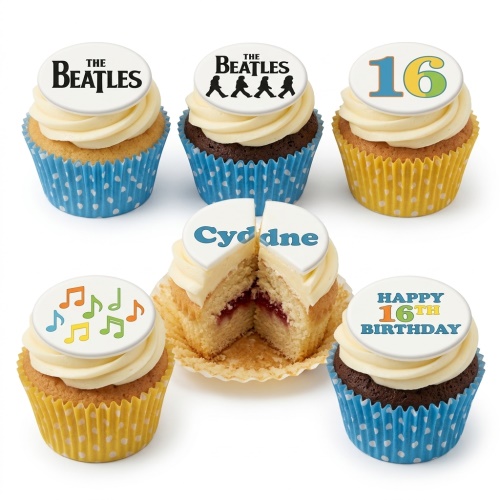 The Beatles themed cupcakes with musical notes and customisable age and name toppers.