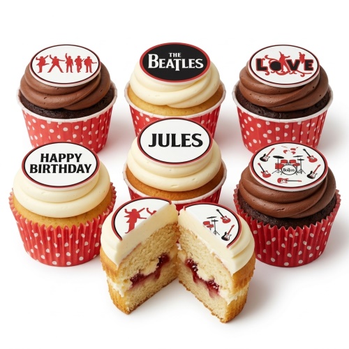 The Beatles themed cupcakes with band logo, silhouettes, instruments, and custom messages.