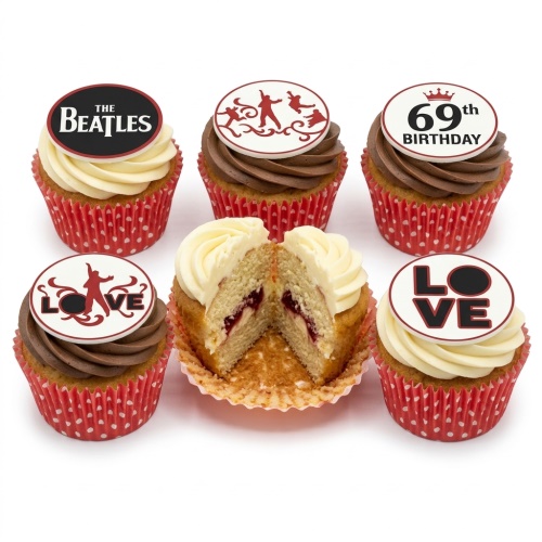 The Beatles themed cupcakes with classic logo, band silhouettes, 'LOVE' and custom age topper.