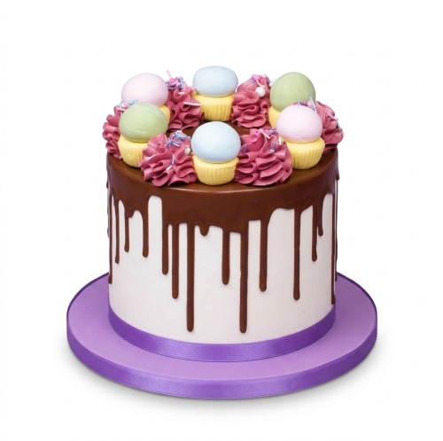 Round white drip cake with chocolate, pink frosting, pastel mini cupcakes, and sprinkles.