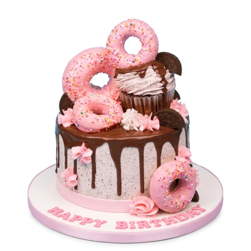 Round birthday cake with pink iced donuts, chocolate drip, Oreo cookies, and a cupcake.