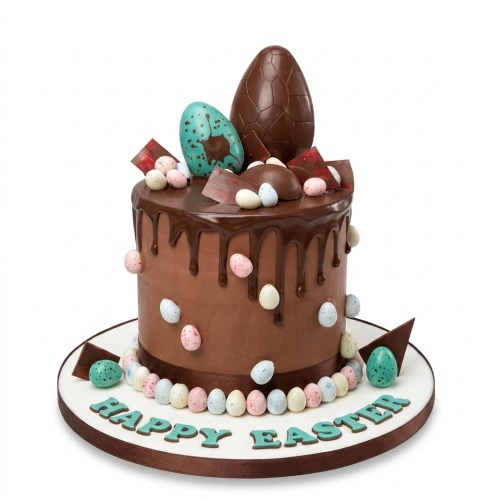 Chocolate Easter drip cake with large and mini chocolate eggs, and 'Happy Easter' message.