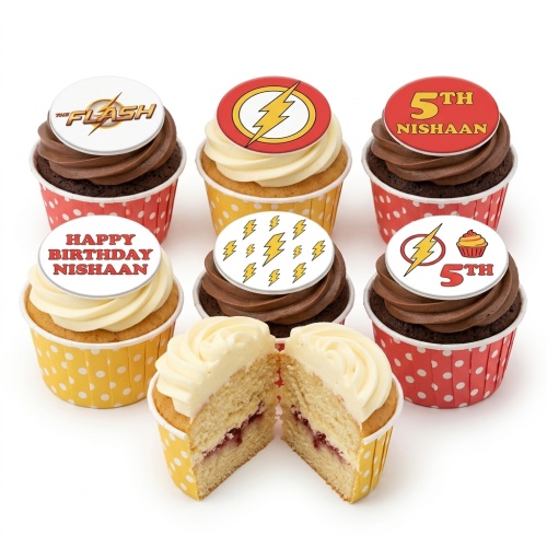 The Flash themed cupcakes with lightning bolt toppers and custom age birthday messages.